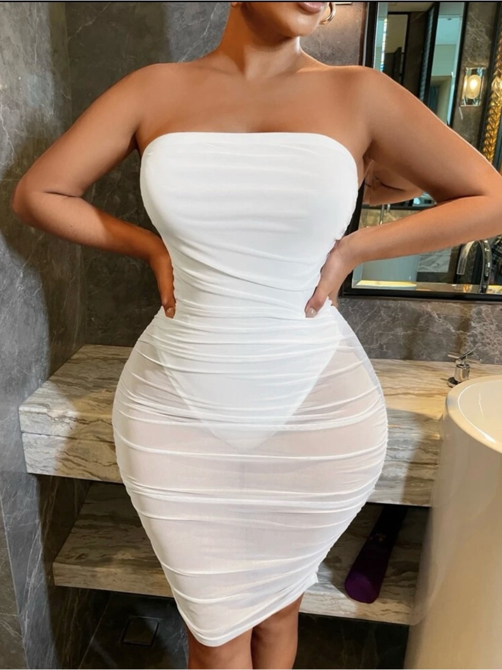 SHEIN Strapless White Ruched Bodycon Midi Dress